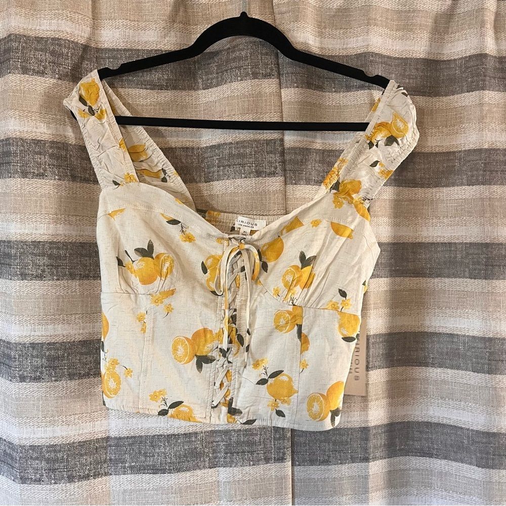 Kirious Tan Lemon Print Lace Up Crop Top Size XL
